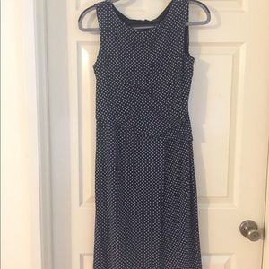 Navy and white polka dot knee length dress